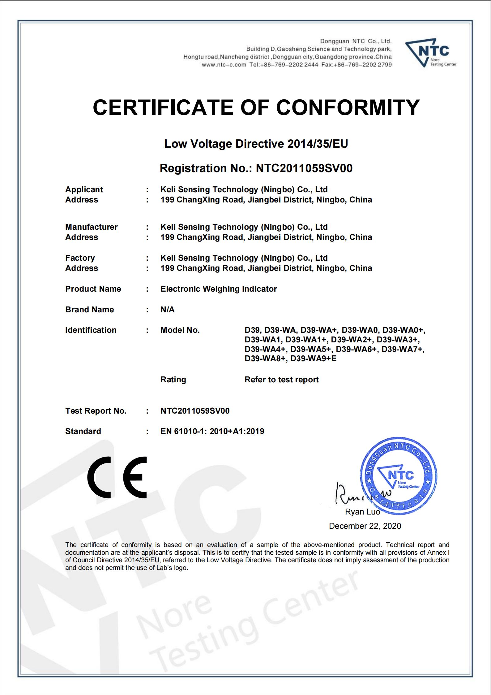 CE��֤  D39-WA(LVD֤��)